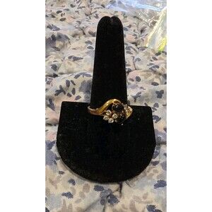 Vintage Signed Seta Gold Tone Black Glass Cabochon CZ Cubic Zirconia Ring SZ 10